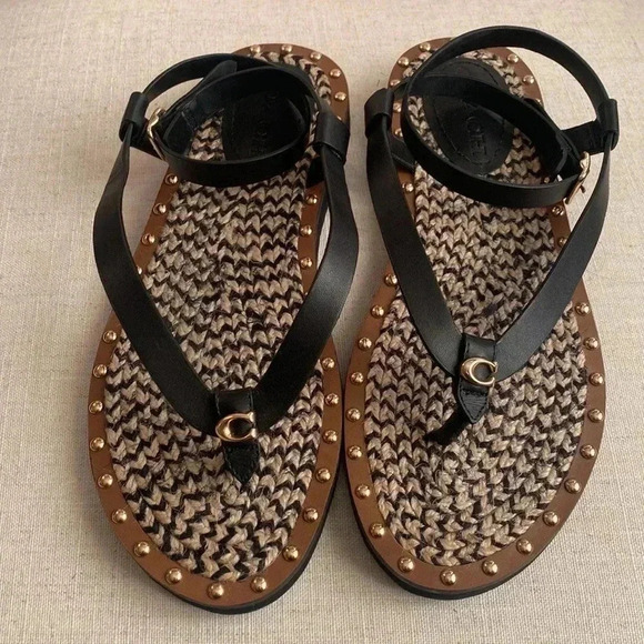COACH Gracey Black and Brown Leather Thong Sandals with Studs Size 8.5 Leather - Picture 1 of 10